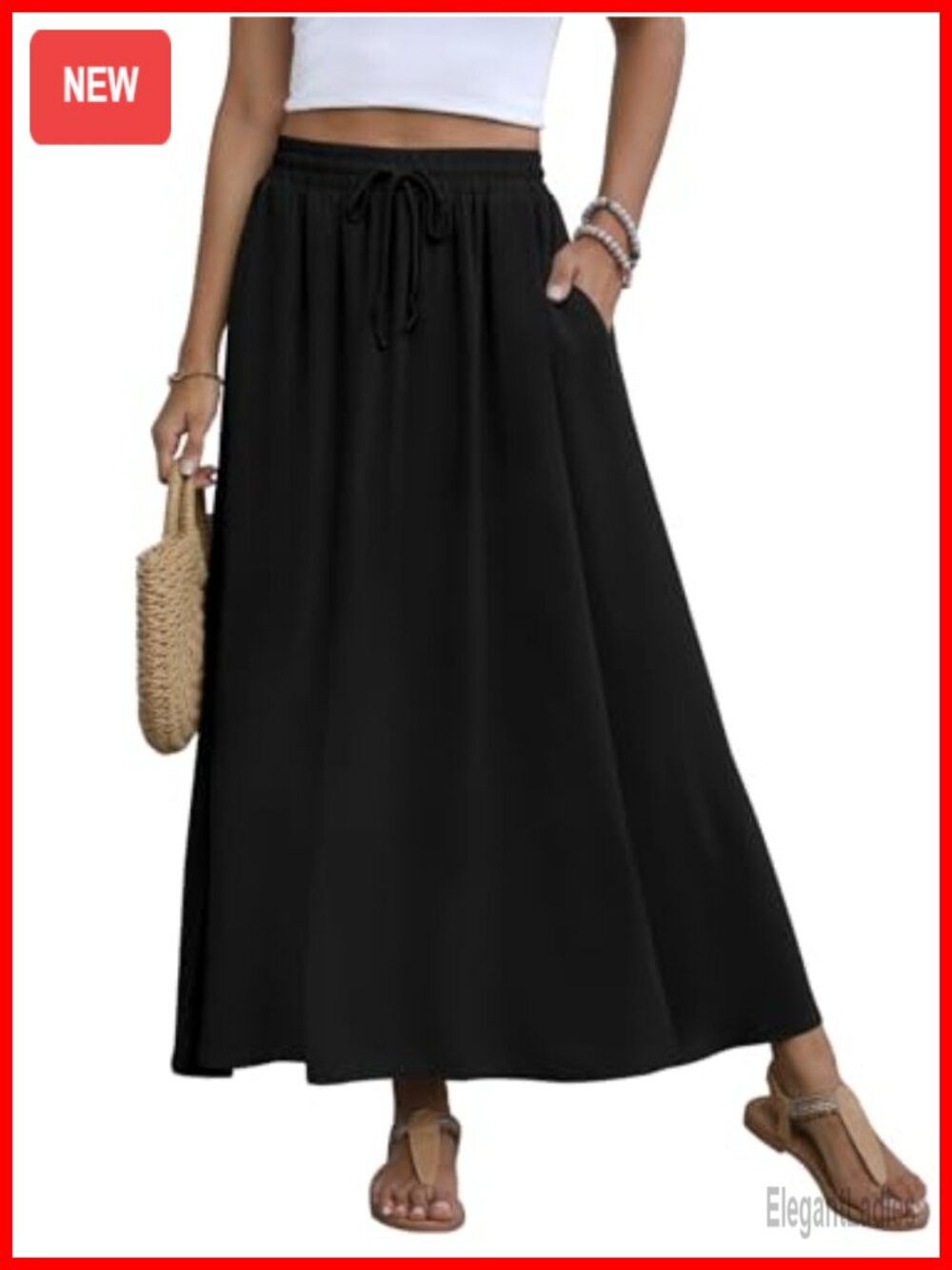 Chiffon Maxi Skirt Pleated Flowy Elastic High Waisted A-Line with Pockets